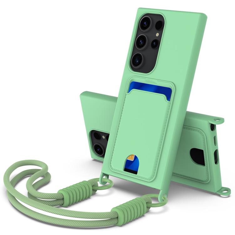 

For Samsung Galaxy S23 Ultra 5G Integrated Card Bag Solid Color Liquid Silicone Phone Case Gen2 with Short Lanyard(Green)