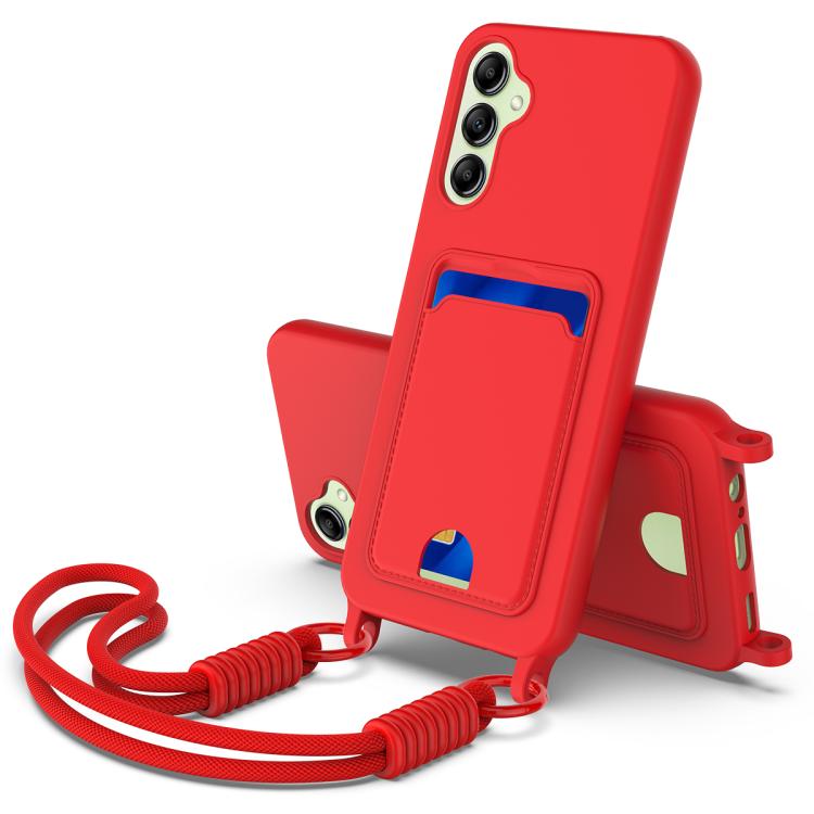 

For Samsung Galaxy S24 FE 5G Integrated Card Bag Solid Color Liquid Silicone Phone Case Gen2 with Short Lanyard(Red)