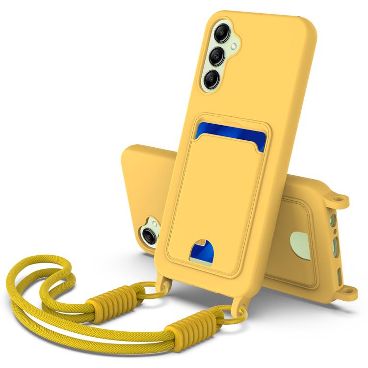 

For Samsung Galaxy S24 FE 5G Integrated Card Bag Solid Color Liquid Silicone Phone Case Gen2 with Short Lanyard(Yellow)