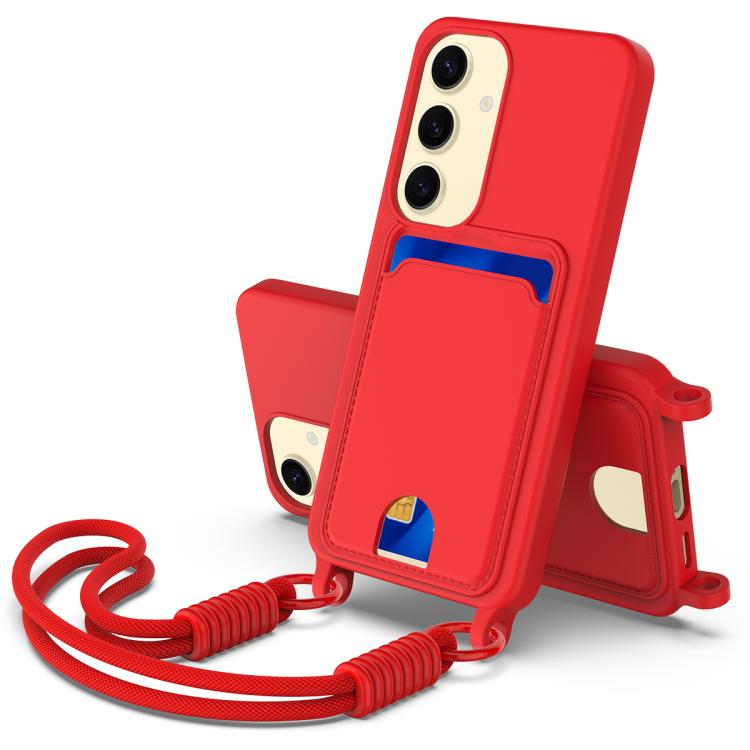 

For Samsung Galaxy S25 5G Integrated Card Bag Solid Color Liquid Silicone Phone Case Gen2 with Short Lanyard(Red)