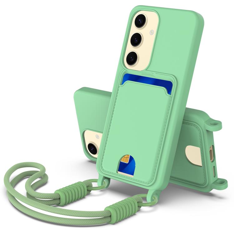 

For Samsung Galaxy S25 5G Integrated Card Bag Solid Color Liquid Silicone Phone Case Gen2 with Short Lanyard(Green)