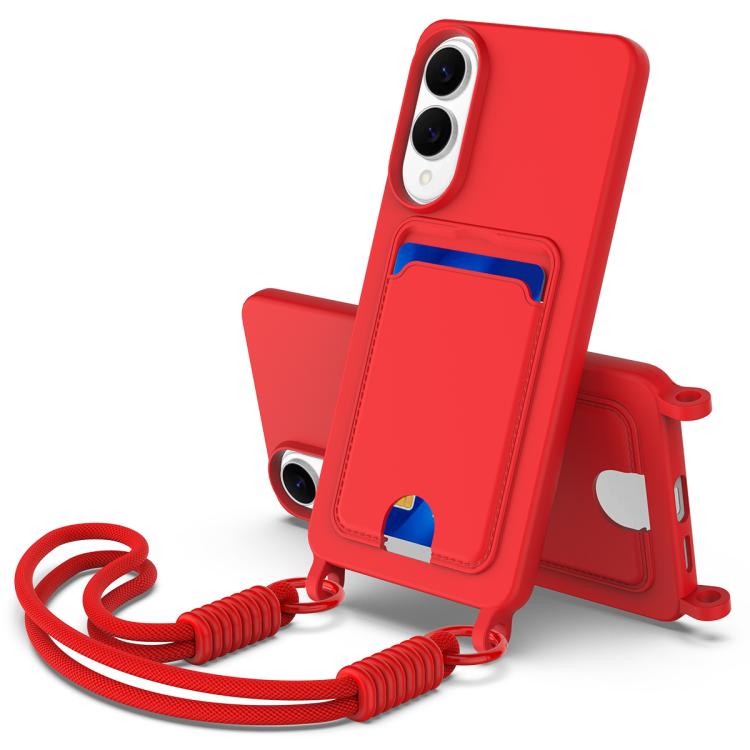 

For Samsung Galaxy S25 Edge 5G Integrated Card Bag Solid Color Liquid Silicone Phone Case Gen2 with Short Lanyard(Red)