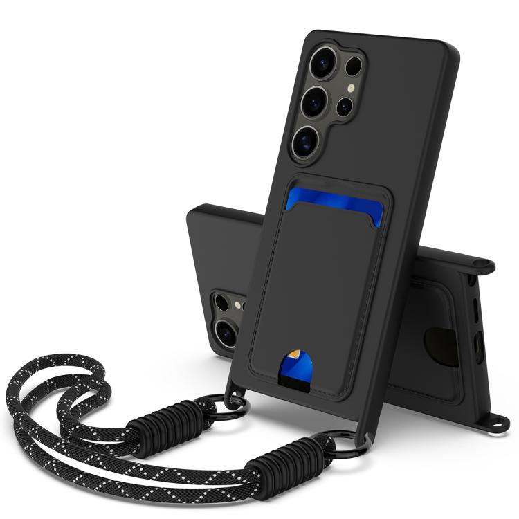 

For Samsung Galaxy S25 Ultra 5G Integrated Card Bag Solid Color Liquid Silicone Phone Case Gen2 with Short Lanyard(Black)