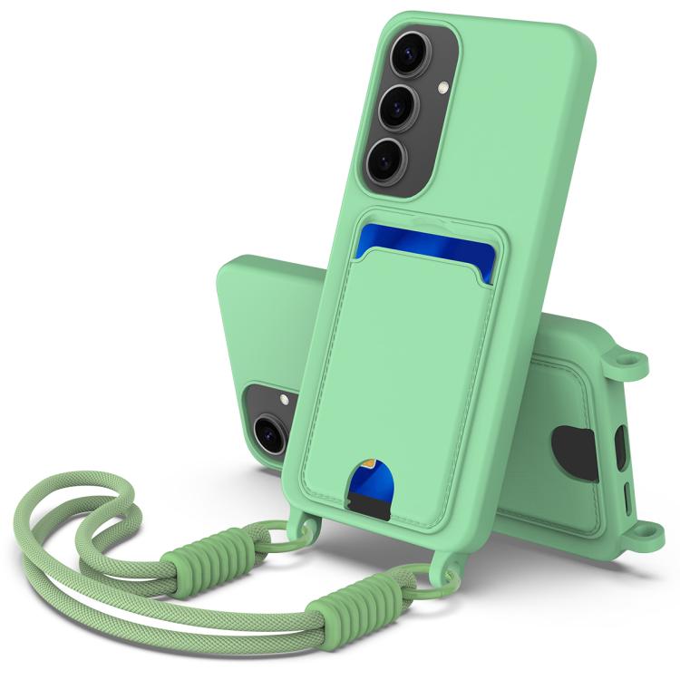 

For Samsung Galaxy S25+ 5G Integrated Card Bag Solid Color Liquid Silicone Phone Case Gen2 with Short Lanyard(Green)