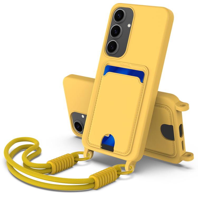

For Samsung Galaxy S25+ 5G Integrated Card Bag Solid Color Liquid Silicone Phone Case Gen2 with Short Lanyard(Yellow)