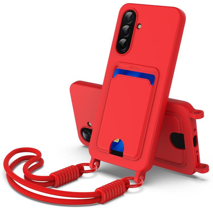 

For Samsung Galaxy S25 FE 5G Integrated Card Bag Solid Color Liquid Silicone Phone Case Gen2 with Short Lanyard(Red)