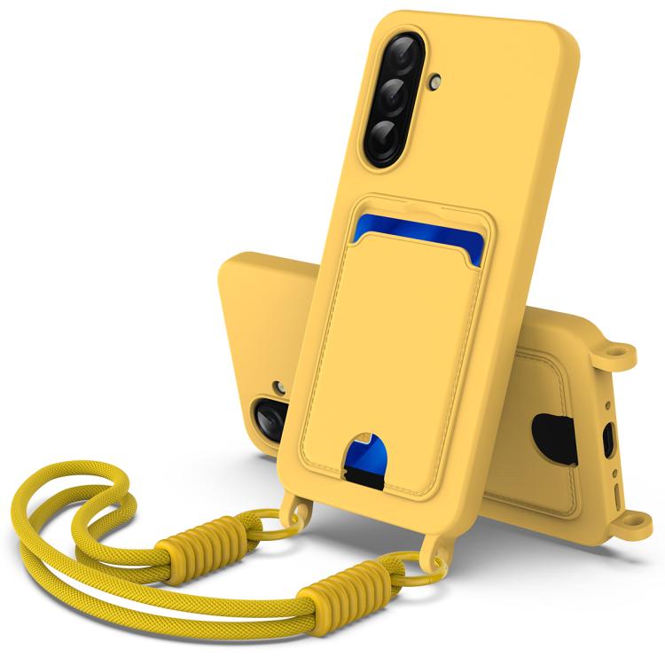 

For Samsung Galaxy S25 FE 5G Integrated Card Bag Solid Color Liquid Silicone Phone Case Gen2 with Short Lanyard(Yellow)