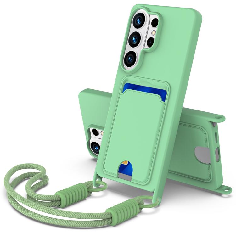 

For Samsung Galaxy S26 Ultra 5G Integrated Card Bag Solid Color Liquid Silicone Phone Case Gen2 with Short Lanyard(Green)
