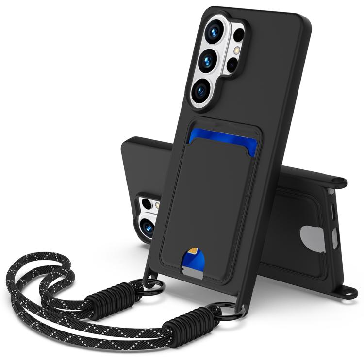 

For Samsung Galaxy S26 Ultra 5G Integrated Card Bag Solid Color Liquid Silicone Phone Case Gen2 with Short Lanyard(Black)