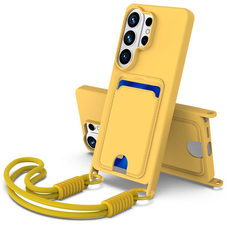 

For Samsung Galaxy S26 Ultra 5G Integrated Card Bag Solid Color Liquid Silicone Phone Case Gen2 with Short Lanyard(Yellow)