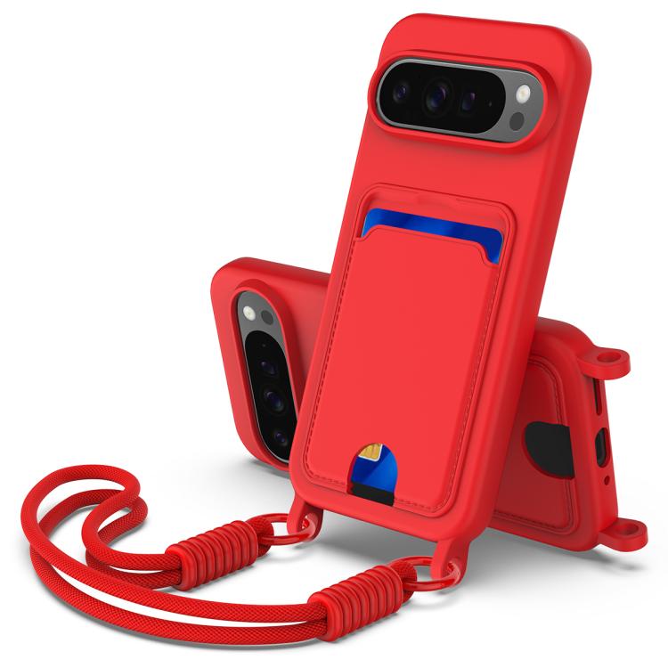 

For Google Pixel 10 Pro XL Integrated Card Bag Solid Color Liquid Silicone Phone Case Gen2 with Short Lanyard(Red)