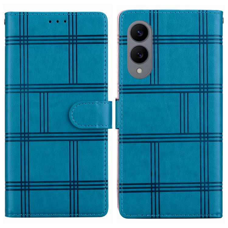 

For Samsung Galaxy S25 Edge 5G Embossed Checkered Leather Phone Case(Blue)