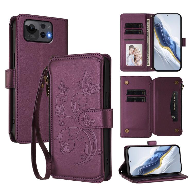 

For ASUS Zenfone 12 Ultra Butterfly Love Flower Multi-card Zipper Wallet Leather Phone Case(Dark Purple)