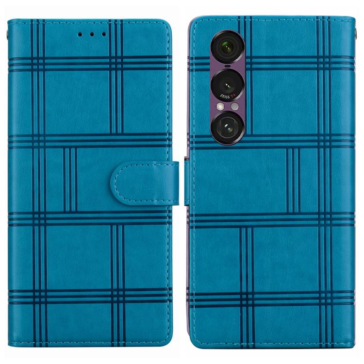 

For Sony Xperia 1 VII Embossed Checkered Leather Phone Case(Blue)