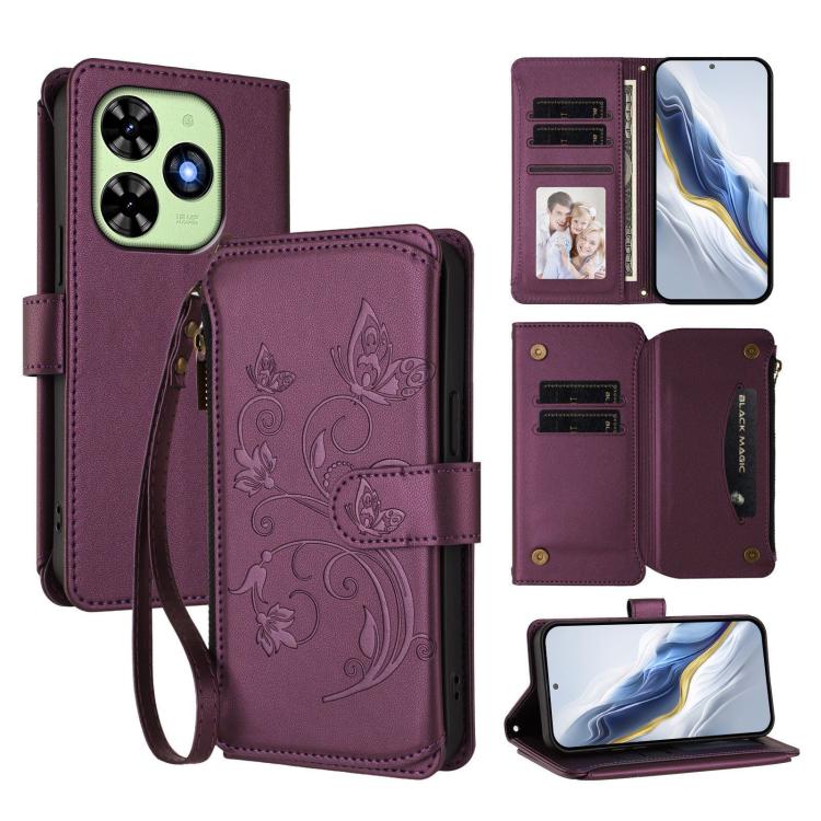 

For Tecno Spark GO 2024 4G / 20 4G Butterfly Love Flower Multi-card Zipper Wallet Leather Phone Case(Dark Purple)