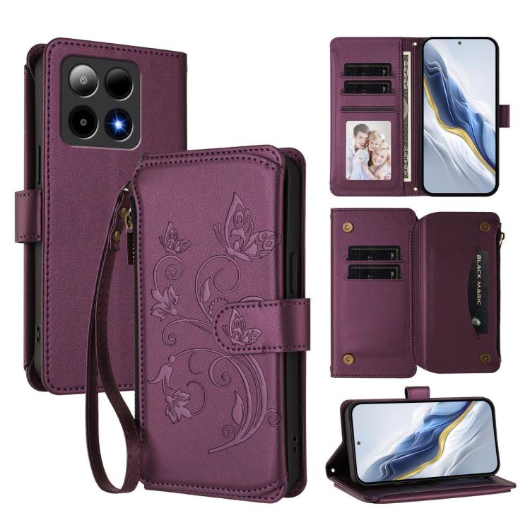 

For Boost Mobile Summit 5G Butterfly Love Flower Multi-card Zipper Wallet Leather Phone Case(Dark Purple)