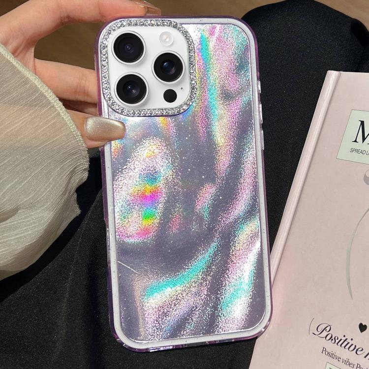

For iPhone 16 Pro Max 3 in 1 Diamond Lens Frame Quicksand Pattern Phone Case(Purple)
