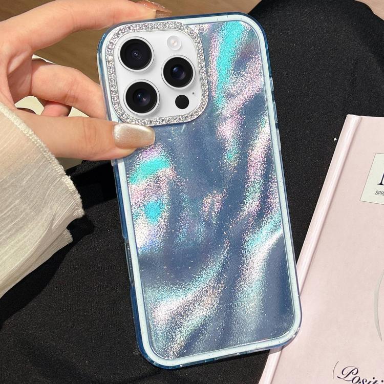 

For iPhone 16 Pro 3 in 1 Diamond Lens Frame Quicksand Pattern Phone Case(Blue)