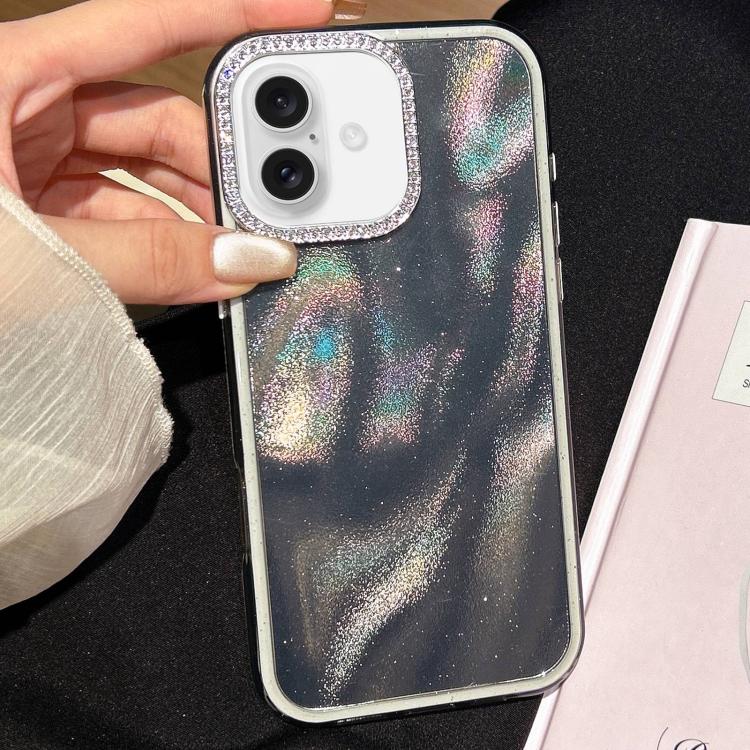 

For iPhone 16 Plus 3 in 1 Diamond Lens Frame Quicksand Pattern Phone Case(Black)