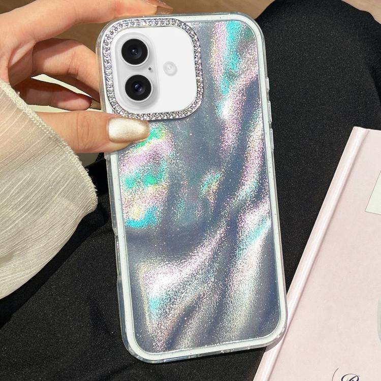 

For iPhone 16 3 in 1 Diamond Lens Frame Quicksand Pattern Phone Case(Silver)