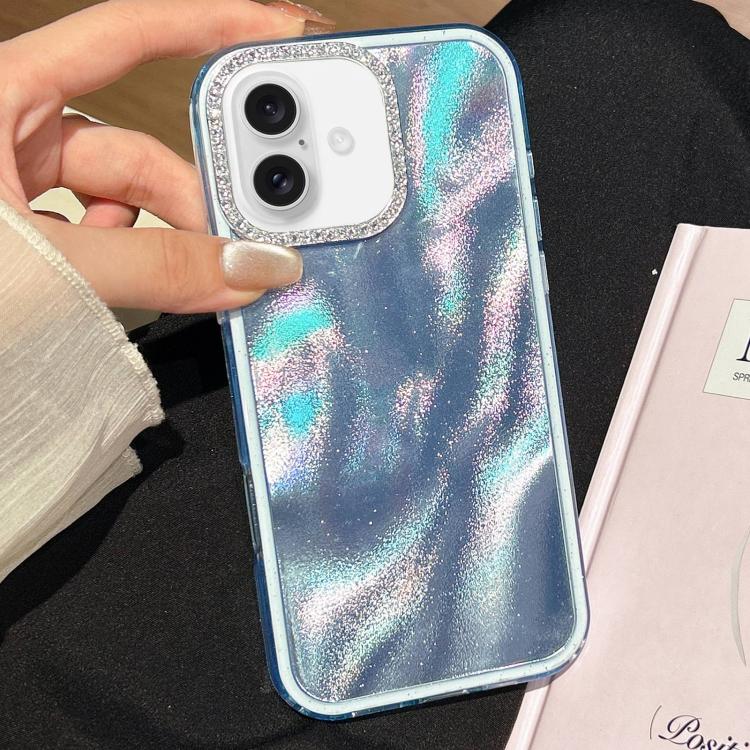 

For iPhone 16 3 in 1 Diamond Lens Frame Quicksand Pattern Phone Case(Blue)