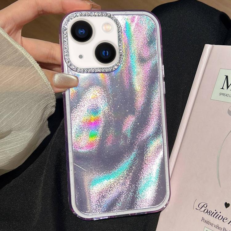 

For iPhone 14 Plus 3 in 1 Diamond Lens Frame Quicksand Pattern Phone Case(Purple)