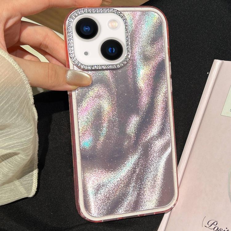 

For iPhone 14 3 in 1 Diamond Lens Frame Quicksand Pattern Phone Case(Pink)
