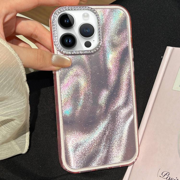 

For iPhone 14 Pro Max 3 in 1 Diamond Lens Frame Quicksand Pattern Phone Case(Pink)