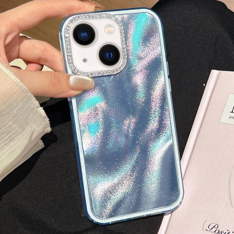 

For iPhone 13 3 in 1 Diamond Lens Frame Quicksand Pattern Phone Case(Blue)