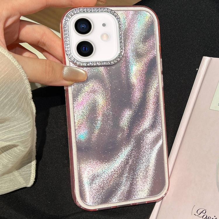 

For iPhone 12 3 in 1 Diamond Lens Frame Quicksand Pattern Phone Case(Pink)