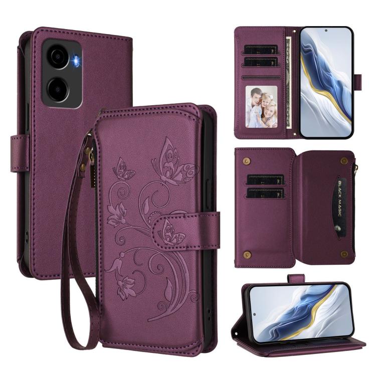 

For Cricket Magic 2 5G/ AT&T Propel 2 5G Butterfly Love Flower Multi-card Zipper Wallet Leather Phone Case(Dark Purple)