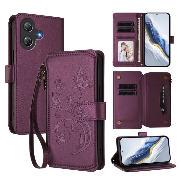 

For Ulefone Note 21 Butterfly Love Flower Multi-card Zipper Wallet Leather Phone Case(Dark Purple)