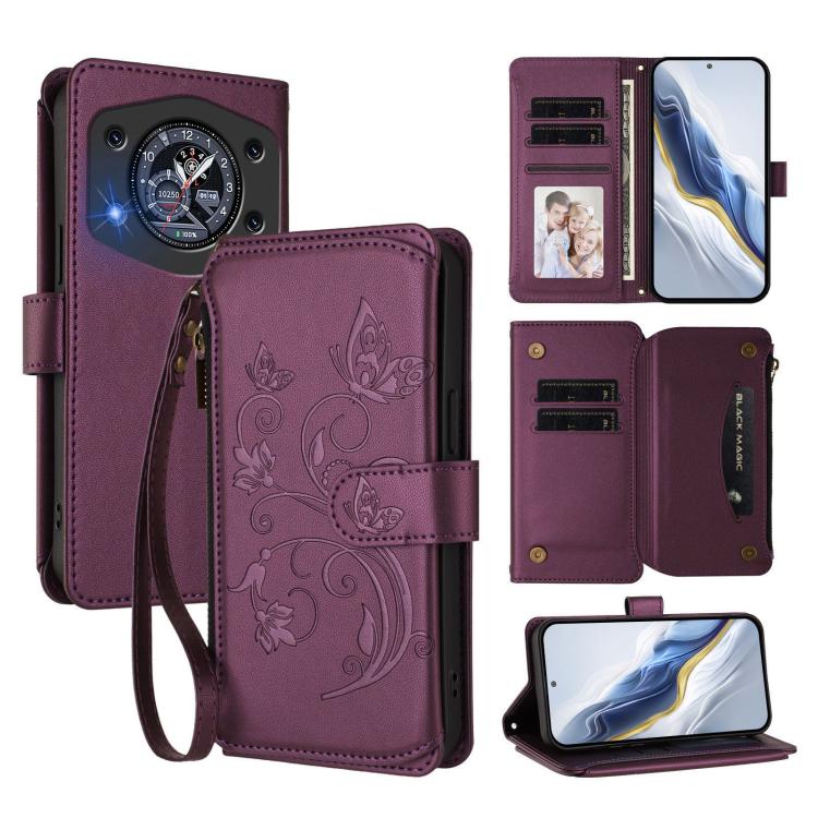 

For Cubot A30 Butterfly Love Flower Multi-card Zipper Wallet Leather Phone Case(Dark Purple)