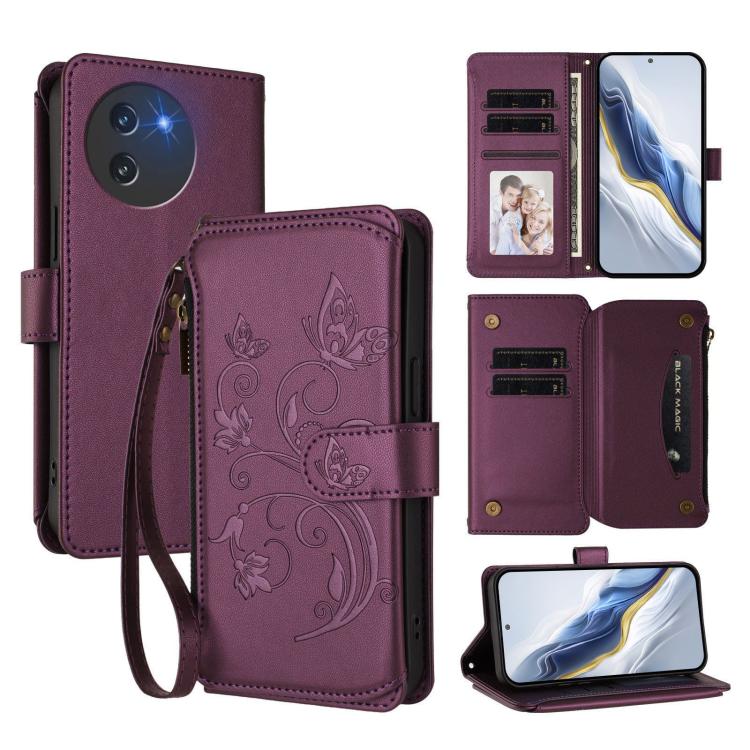 

For Doogee Note 59 / Note 59 Pro Butterfly Love Flower Multi-card Zipper Wallet Leather Phone Case(Dark Purple)