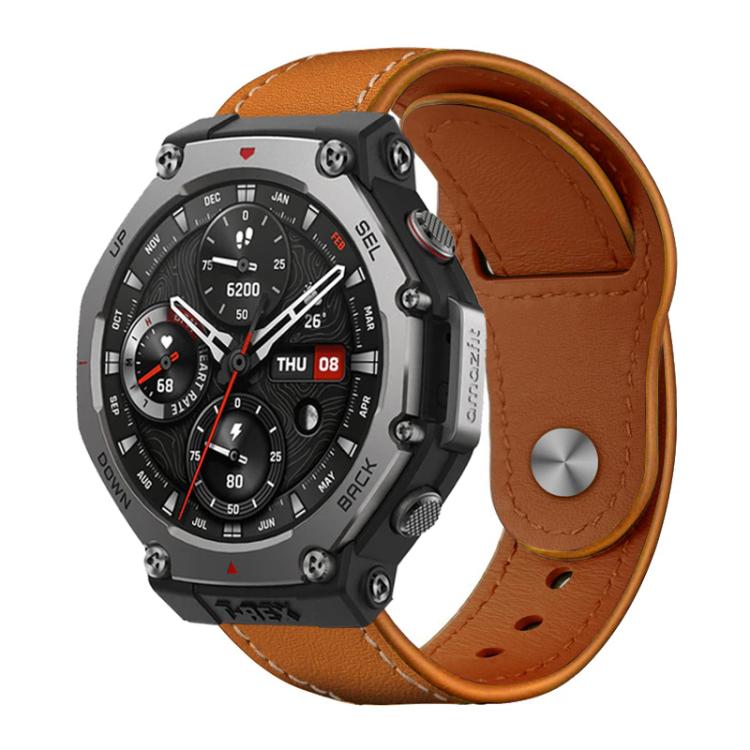 

22mm xDfind Rivet Buckle Genuine Leather Watch Band(Brown White Thread)