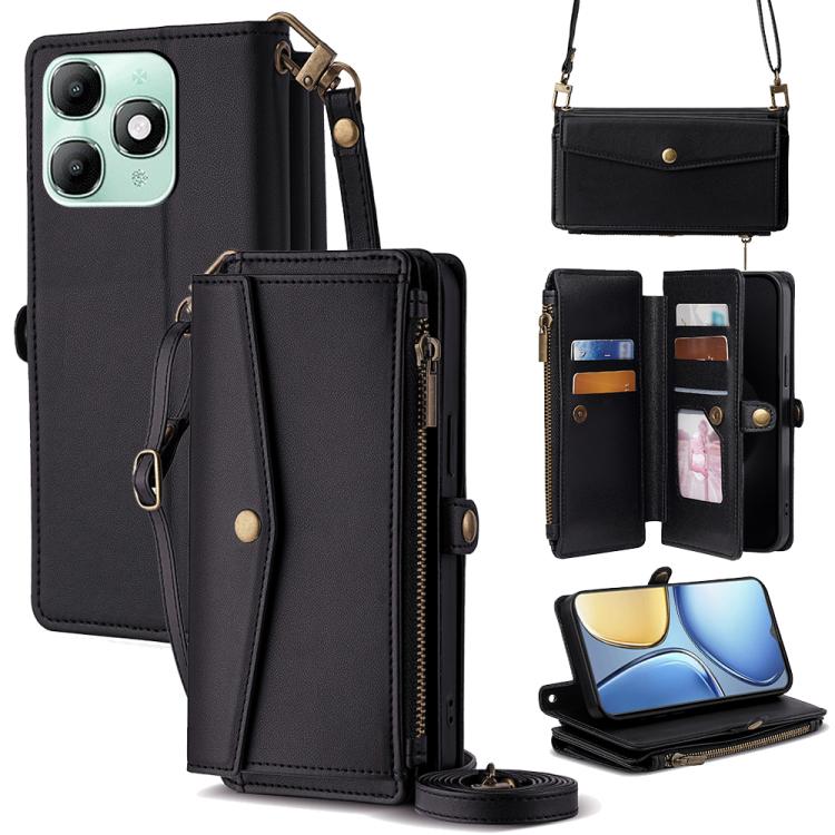 

For itel A90 4G Zipper Wallet Side Buckle Crossbody Lanyard Leather Phone Case(Black)