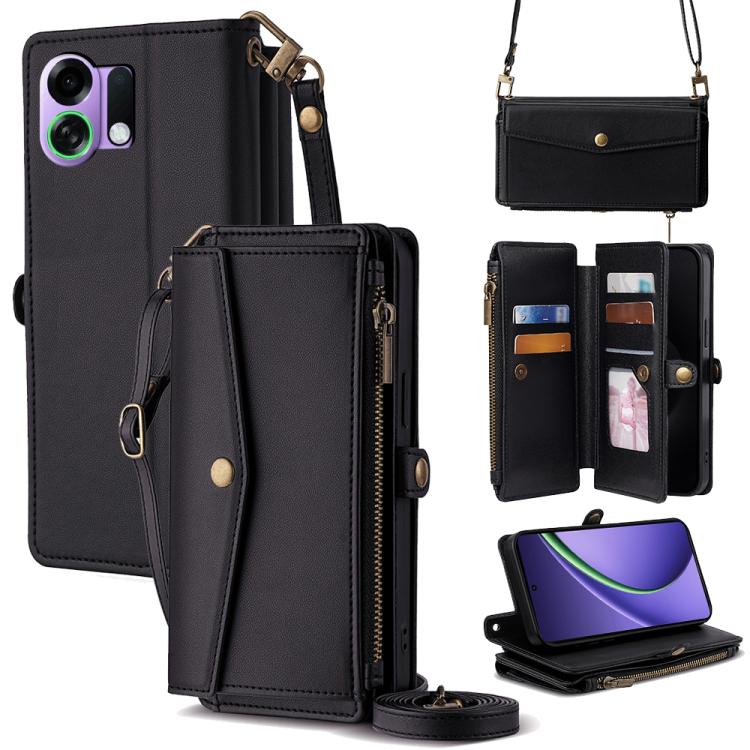 For OPPO Reno14 F 5G Zipper Wallet Side Buckle Crossbody Lanyard Leather Phone Case(Black)