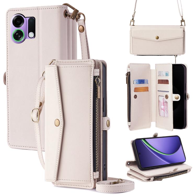 

For OPPO Reno14 F 5G Zipper Wallet Side Buckle Crossbody Lanyard Leather Phone Case(White)