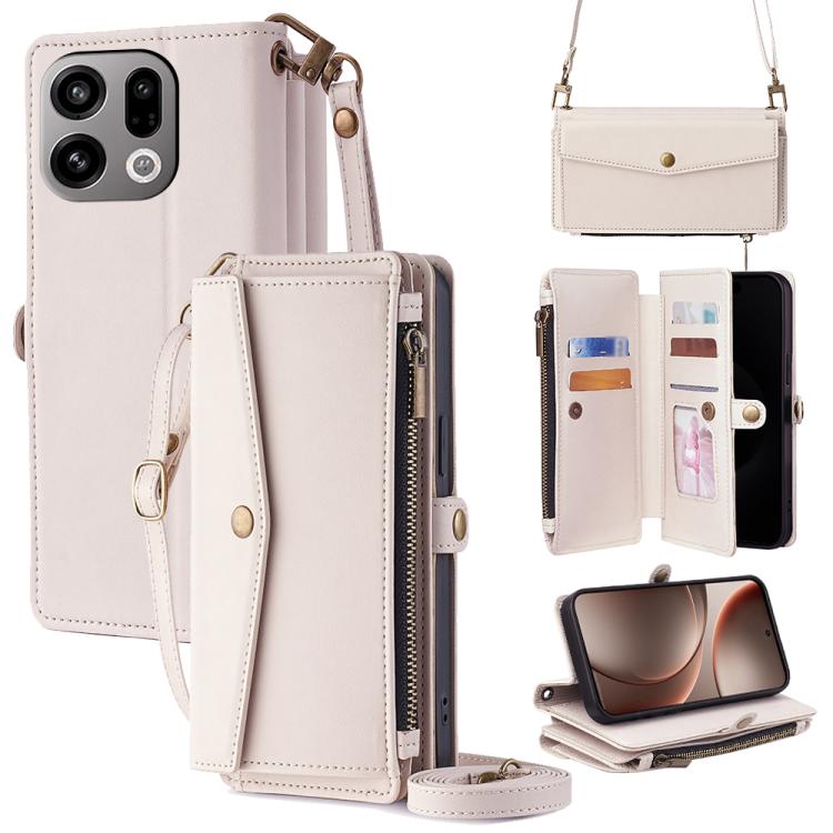

For OPPO Find X9 5G Zipper Wallet Side Buckle Crossbody Lanyard Leather Phone Case(White)