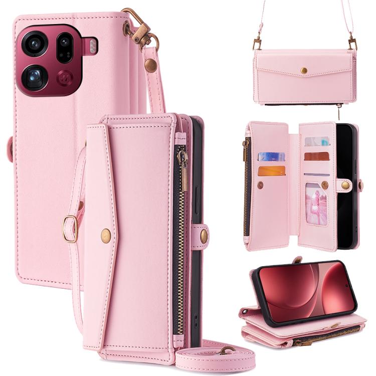 For OPPO Find X9 Pro 5G Zipper Wallet Side Buckle Crossbody Lanyard Leather Phone Case(Rose Gold)