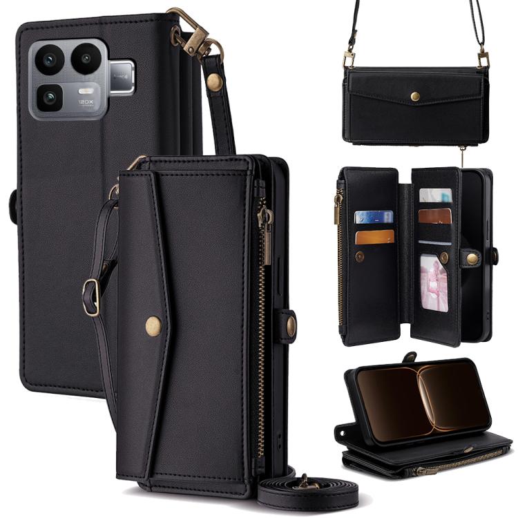 

For Realme Neo8 5G Zipper Wallet Side Buckle Crossbody Lanyard Leather Phone Case(Black)