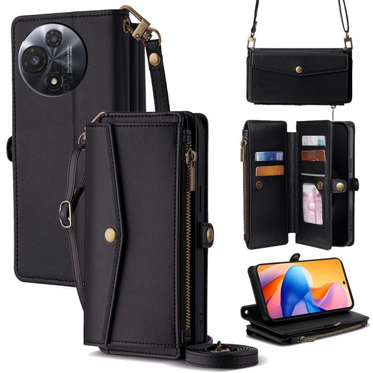 

For TCL 60R 5G Zipper Wallet Side Buckle Crossbody Lanyard Leather Phone Case(Black)