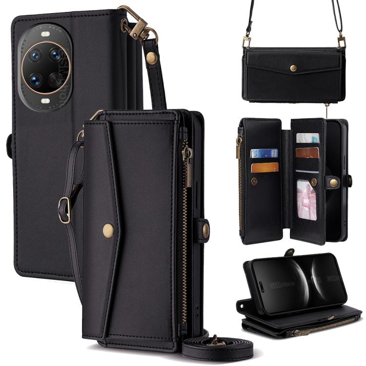 

For Huawei nova 14 Ultra 5G Zipper Wallet Side Buckle Crossbody Lanyard Leather Phone Case(Black)