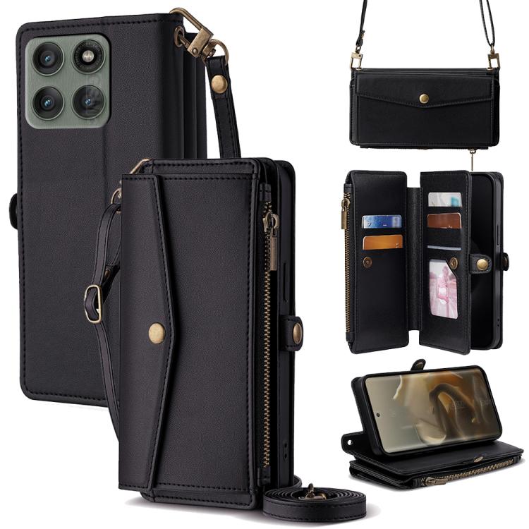 

For Motorola Edge 60 Pro 5G Zipper Wallet Side Buckle Crossbody Lanyard Leather Phone Case(Black)