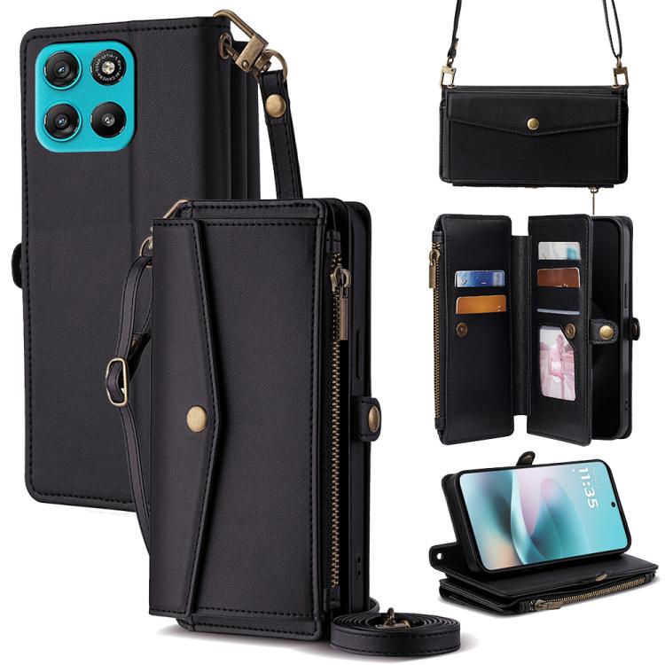 

For Motorola Moto G67 Power 5G Zipper Wallet Side Buckle Crossbody Lanyard Leather Phone Case(Black)