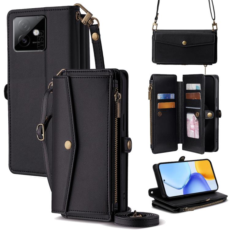 

For Honor X60 GT 5G Zipper Wallet Side Buckle Crossbody Lanyard Leather Phone Case(Black)
