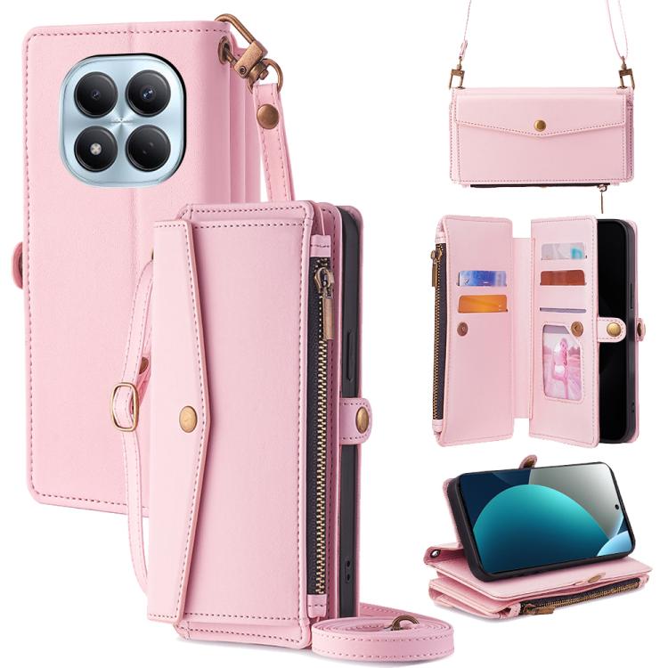 

For Redmi Note 15 Pro 4G Global 163.2mm Zipper Wallet Side Buckle Crossbody Lanyard Leather Phone Case(Rose Gold)