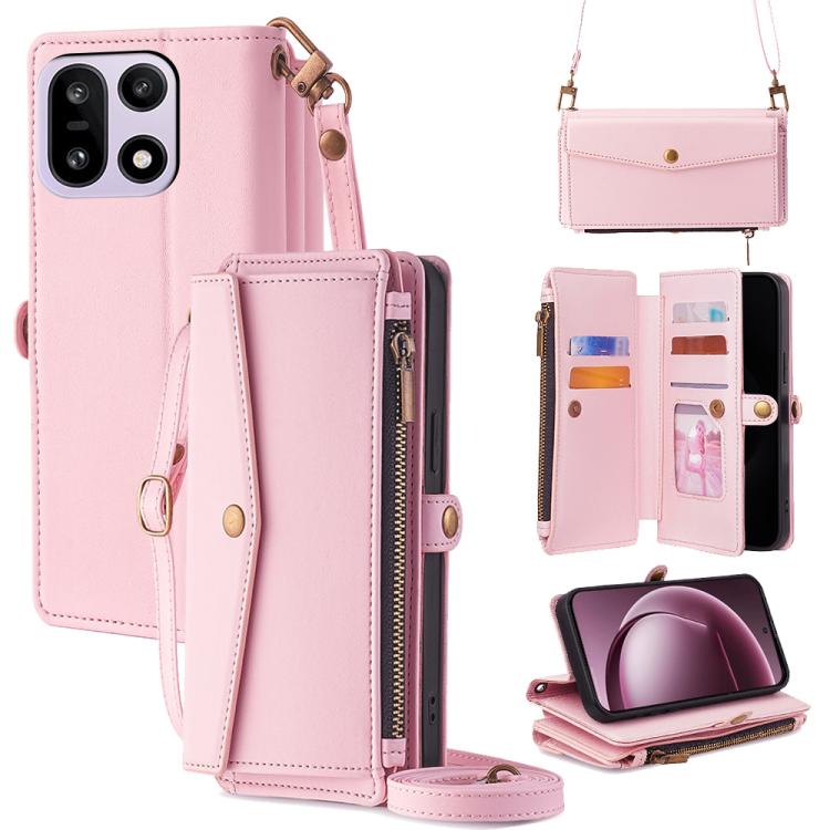 

For OnePlus 15 5G Zipper Wallet Side Buckle Crossbody Lanyard Leather Phone Case(Rose Gold)