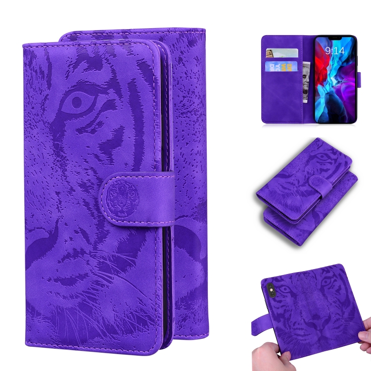 

For iPhone 12 / 12 Pro Tiger Embossing Pattern Horizontal Flip Leather Case with Holder & Card Slots & Wallet(Purple)