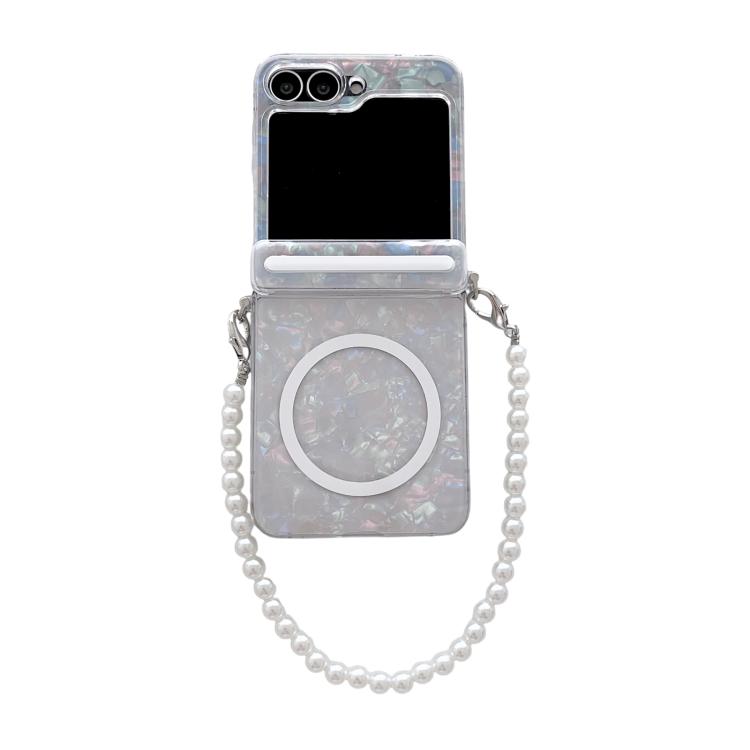 

For Samsung Galaxy Flip6 5G Axis Pearlescent Shell Texture MagSafe Phone Case with Bracelet(White)